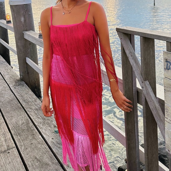 anthropologie pink fringe dress Hutch Sleeveless Fringe Maxi Dress